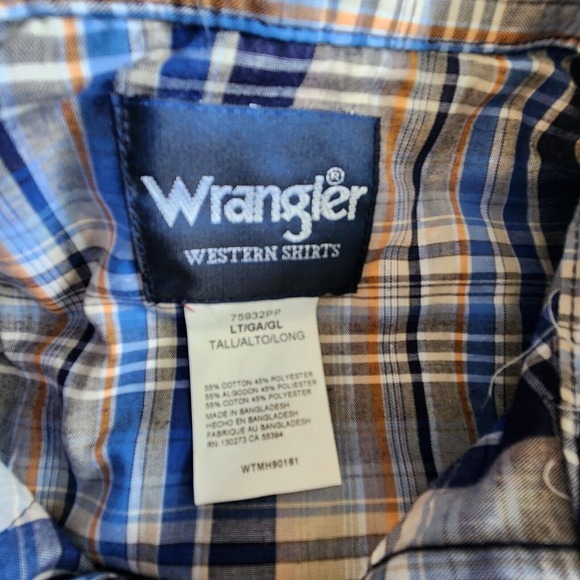 NEW Wrangler L-Tall Pearl Snap Long Sleeve Cotton/Poly‎ Western Cowboy Plaid NWT - Picture 4 of 4